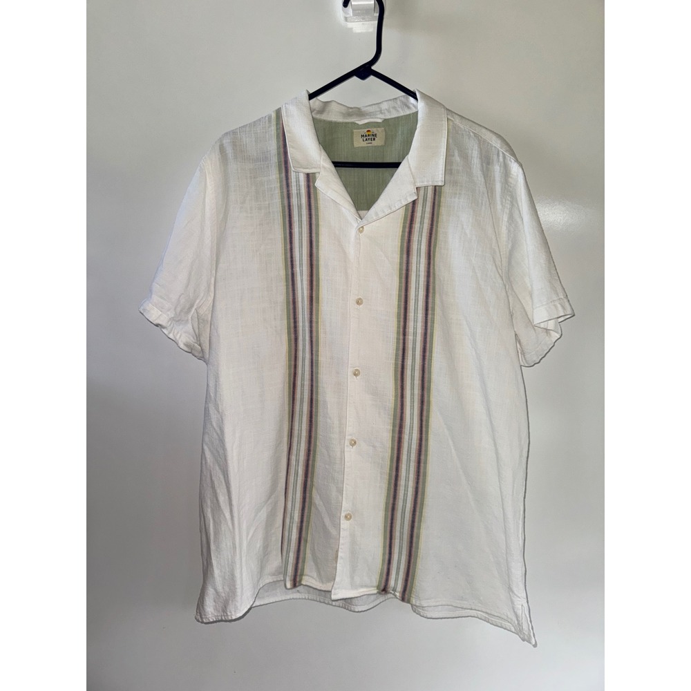 Marine Layer Mens Large White Cotton Striped Camp Collar Button Down Shirt 15228
